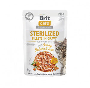 Brit Care Cat Sterilized Fillets in Gravy with Savory Salmon&Tuna konservuotas pašaras katėms maiš. 85 g